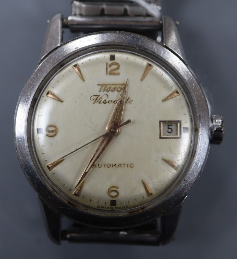 A gentlemans 1960s? stainless steel Tissot Visodate automatic wrist watch, on associated flexible strap.